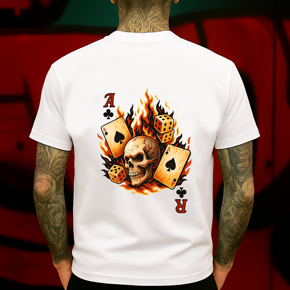 Flaming Skull Poker T-Shirt – Burning Aces, Dice & Cards Graphic Tee – Gothic Gambling Streetwear