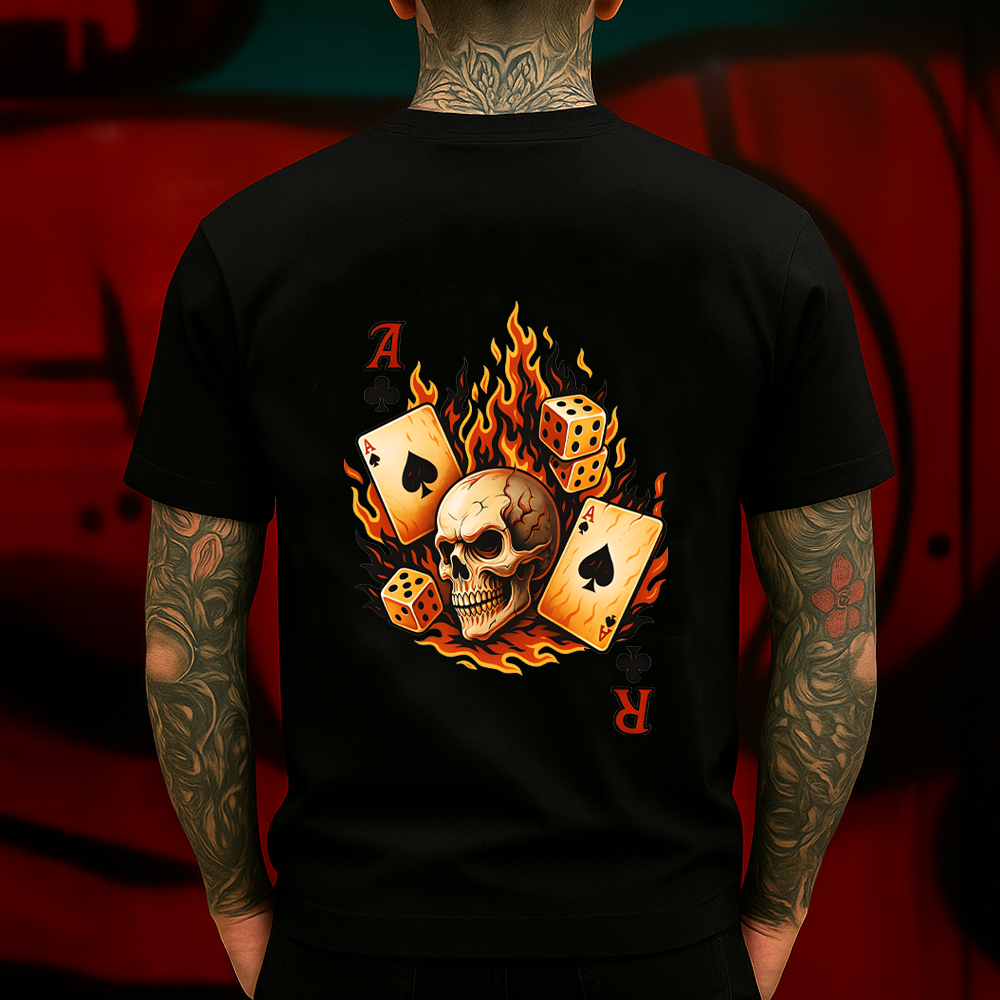 Flaming Skull Poker T-Shirt – Burning Aces, Dice & Cards Graphic Tee – Gothic Gambling Streetwear