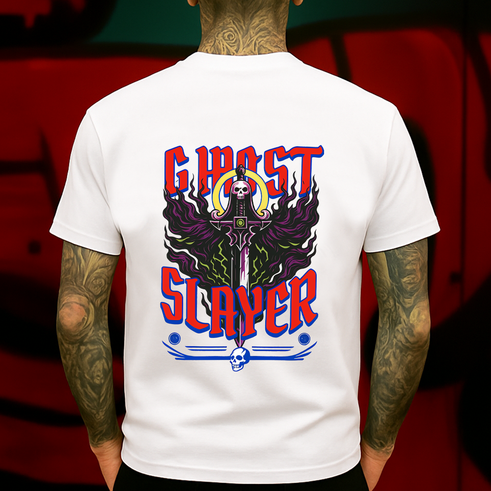 Ghost Slayer Graphic T-Shirt – A bold gothic streetwear tee featuring a flaming skull sword design, perfect for fans of dark fantasy and edgy style.