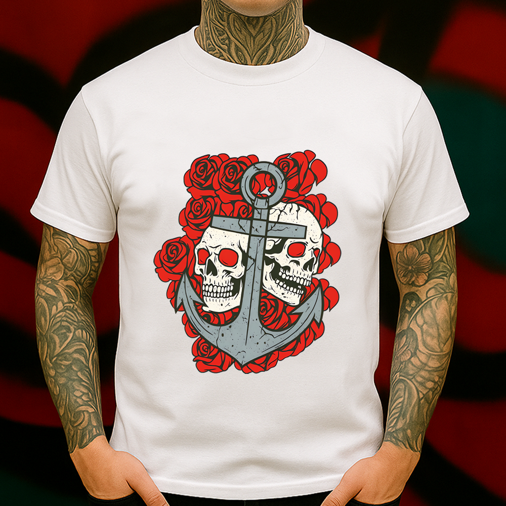 Anchor & Skulls T-Shirt – Bold Nautical Tattoo Style with Red Roses and Skeleton Heads, Perfect for Alternative Streetwear Lovers.