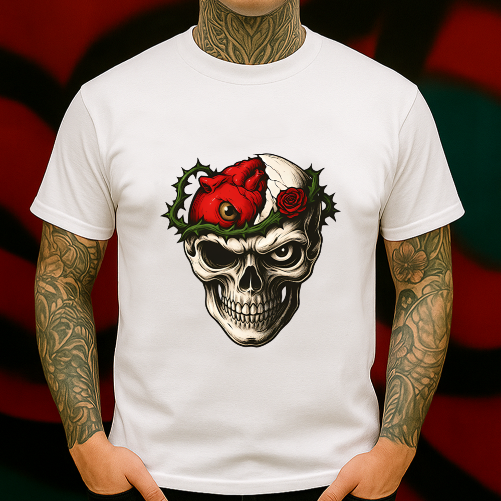 Skull and Heart T-Shirt – Gothic Brain-Open Graphic Tee with Rose and Thorns