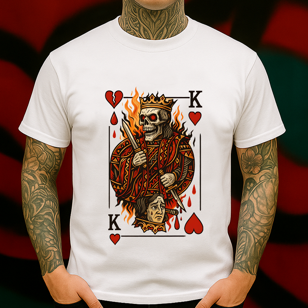 Skeleton King of Hearts T-Shirt – Gothic Playing Card Graphic Tee – Dark Fantasy Skull Shirt