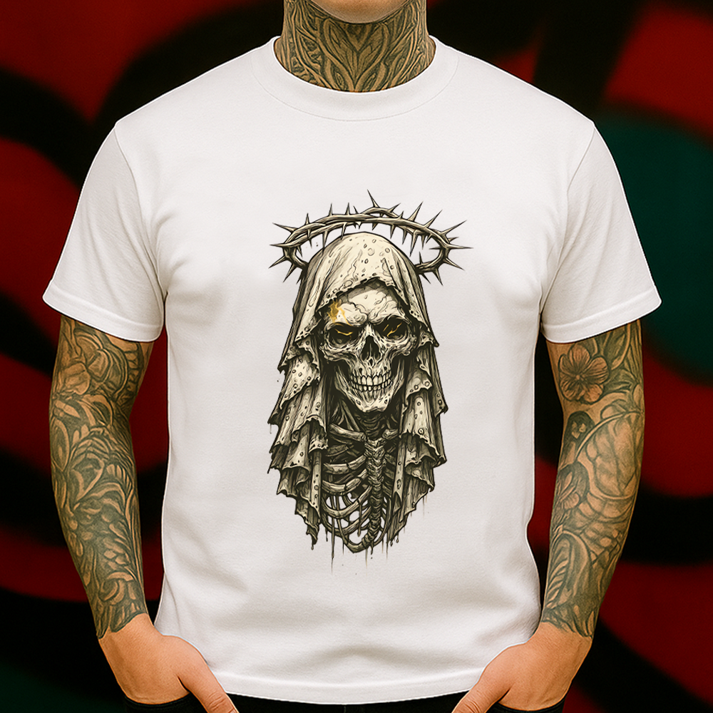 Skeleton Saint T-Shirt – Grim Reaper with Crown of Thorns – Gothic Religious Skull Graphic Tee