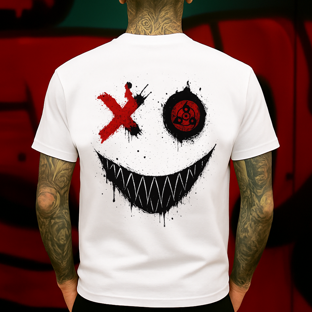 Evil Grin Anime T-Shirt, Sharingan Eye X Joker Smile Tee, Horror Ink Drip Graphic Shirt, Dark Aesthetic Streetwear for Men