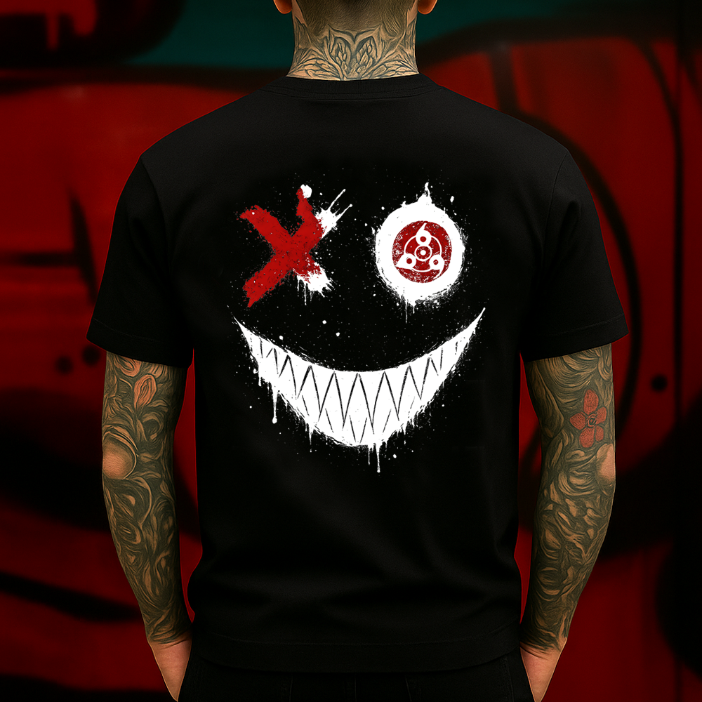 Evil Grin Anime T-Shirt, Sharingan Eye X Joker Smile Tee, Horror Ink Drip Graphic Shirt, Dark Aesthetic Streetwear for Men