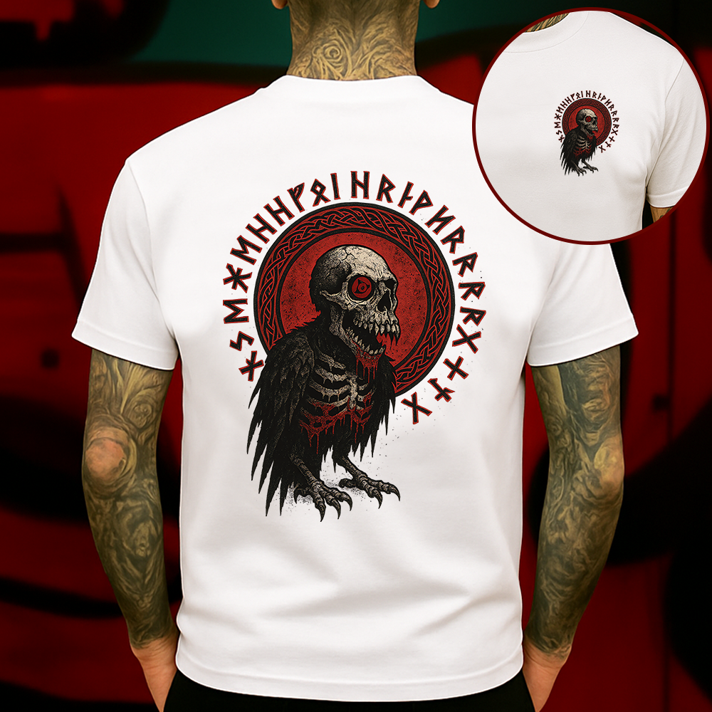 Gothic Skull Raven T-Shirt, Viking Rune Crow Tee, Dark Horror Skeleton Shirt for Men, Punk Streetwear Graphic Tee