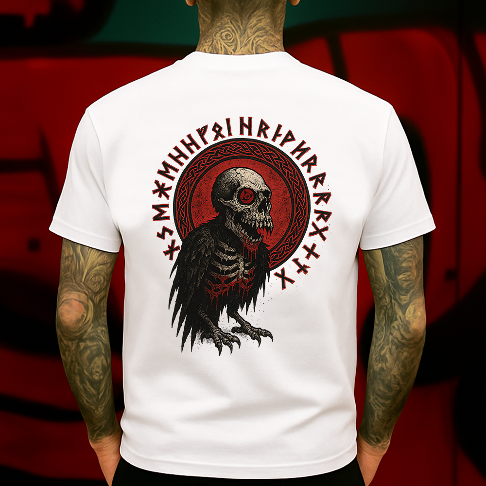 Gothic Skull Raven T-Shirt, Viking Rune Crow Tee, Dark Horror Skeleton Shirt for Men, Punk Streetwear Graphic Tee