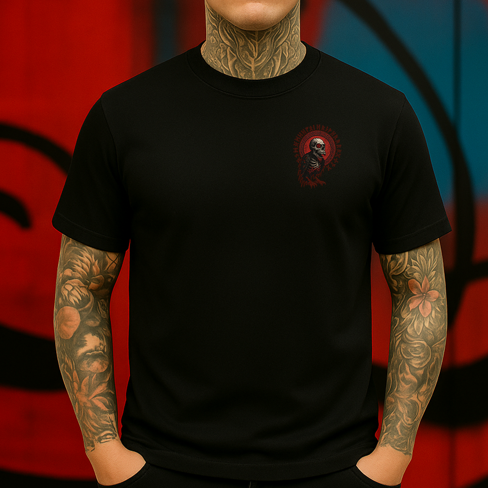 Gothic Skull Raven T-Shirt, Viking Rune Crow Tee, Dark Horror Skeleton Shirt for Men, Punk Streetwear Graphic Tee