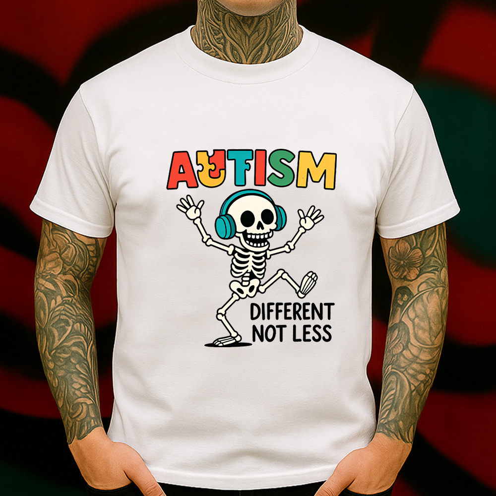 Autism Awareness Skeleton T-Shirt – Different Not Less Tee with Headphones, Neurodiversity Support Shirt, Unisex Funny Graphic Tee