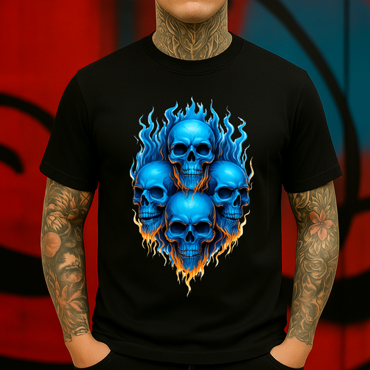Blue Flaming Skull T-Shirt – Bold Fire Skull Graphic Tee for Biker & Streetwear Style