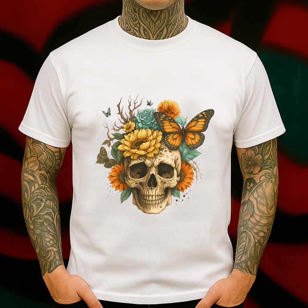 Skull & Sunflower T-Shirt – Gothic Nature Graphic with Monarch Butterflies and Floral Skull, Perfect for Boho, Witchy or Alternative Style.