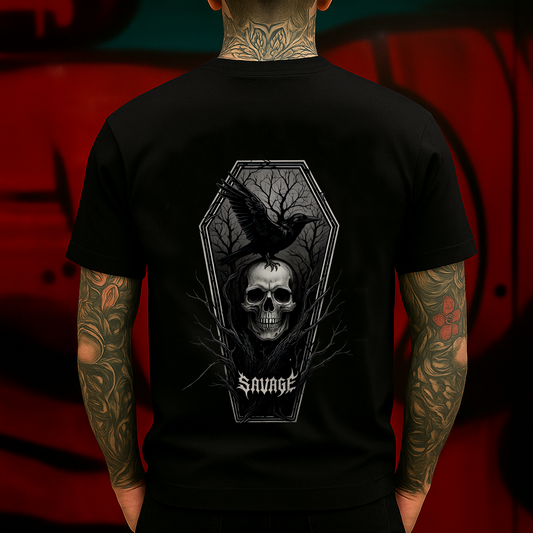 Savage Skull Coffin T-Shirt – Gothic Raven and Skeleton Graphic Tee, Dark Forest Deathcore Shirt, Occult Punk Metal Aesthetic Top