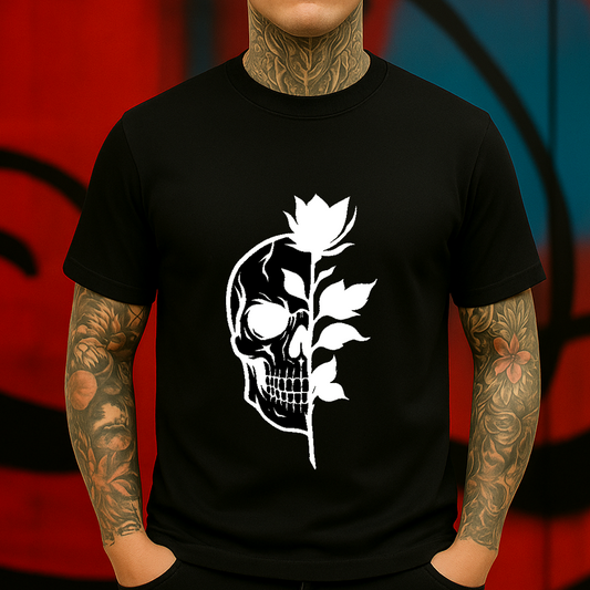 Half Skull Half Flower T-Shirt – Minimalist Gothic Floral Graphic Tee – Black & White Contrast Design