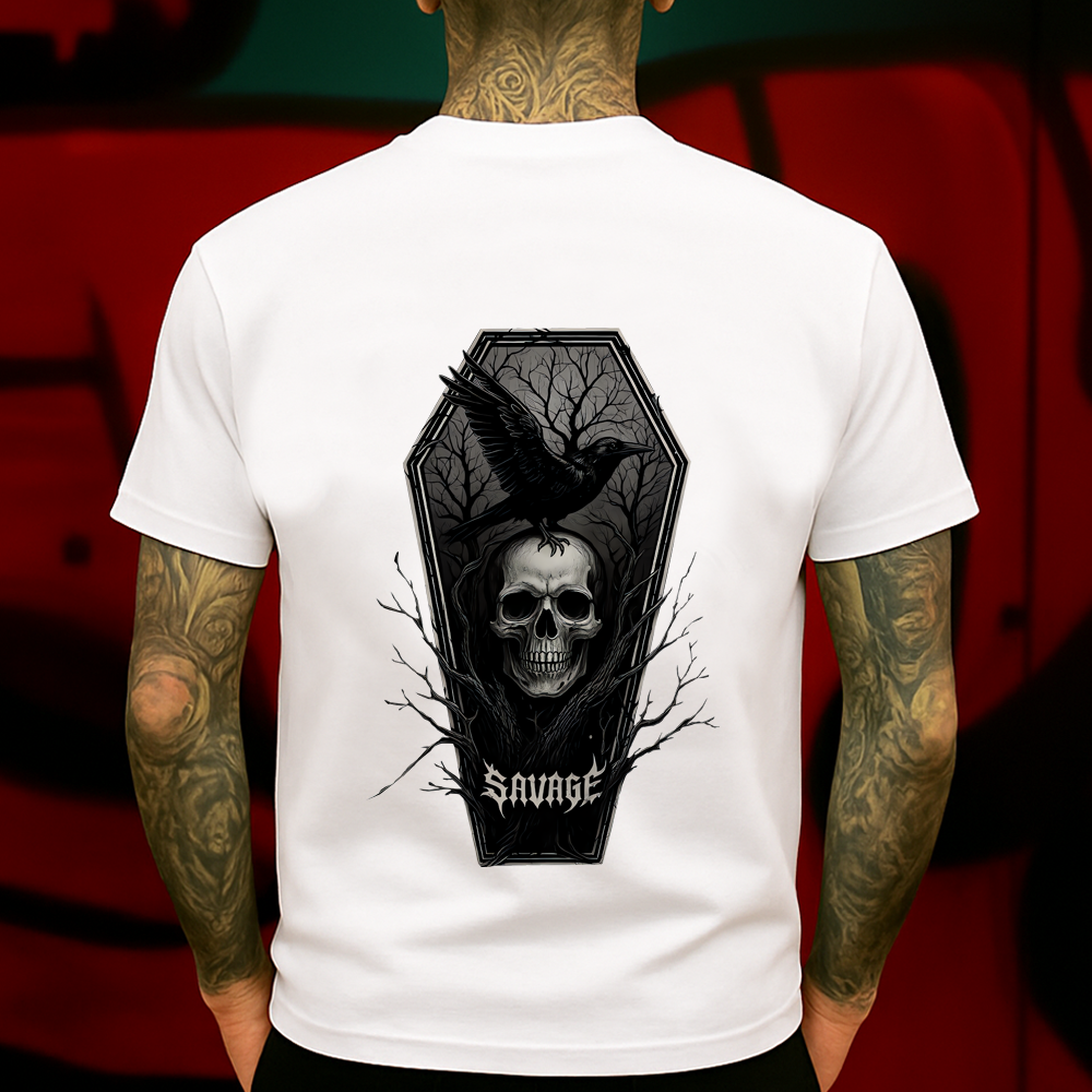 Savage Skull Coffin T-Shirt – Gothic Raven and Skeleton Graphic Tee, Dark Forest Deathcore Shirt, Occult Punk Metal Aesthetic Top