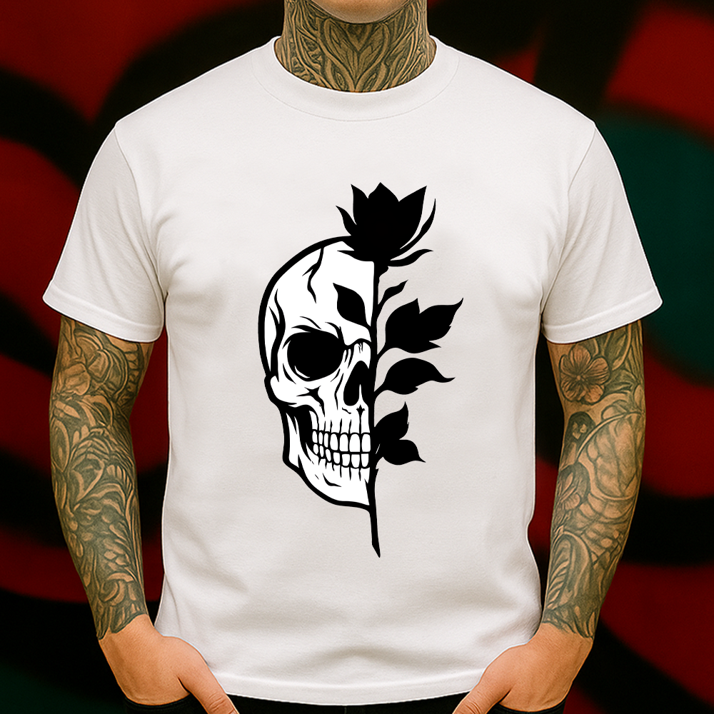 Half Skull Half Flower T-Shirt – Minimalist Gothic Floral Graphic Tee – Black & White Contrast Design