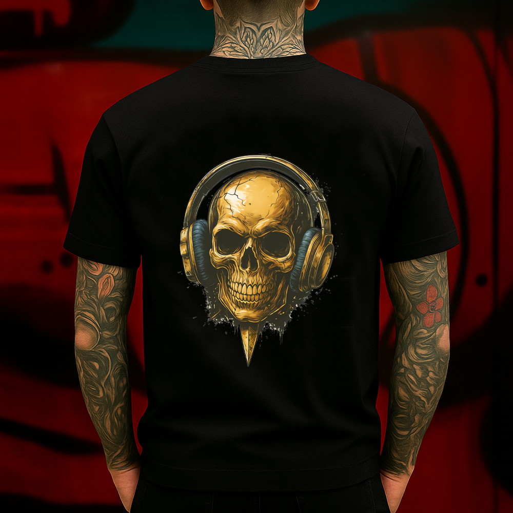 Gold Skull with Headphones T-Shirt – DJ Music Lover Graphic Tee – Metallic Skull Streetwear for Men & Women
