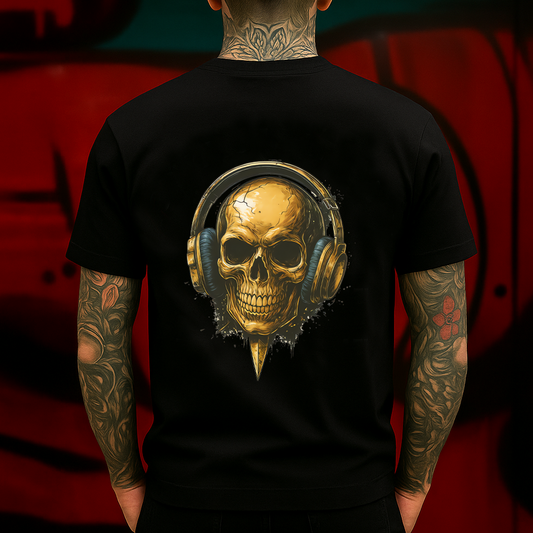 Gold Skull with Headphones T-Shirt – DJ Music Lover Graphic Tee – Metallic Skull Streetwear for Men & Women