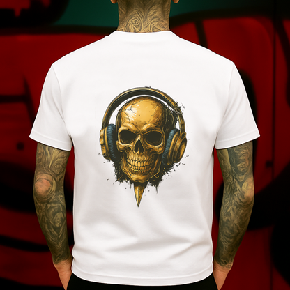 Gold Skull with Headphones T-Shirt – DJ Music Lover Graphic Tee – Metallic Skull Streetwear for Men & Women