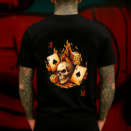 Flaming Skull Poker T-Shirt – Burning Aces, Dice & Cards Graphic Tee – Gothic Gambling Streetwear