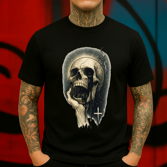 Crying Skull T-Shirt – Gothic Spiritual Skeleton with Black Tears & Cross – Dark Symbolic Graphic Tee