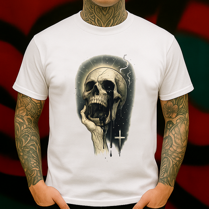 Crying Skull T-Shirt – Gothic Spiritual Skeleton with Black Tears & Cross – Dark Symbolic Graphic Tee