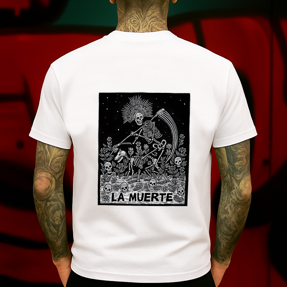 La Muerte T-Shirt – Day of the Dead Skeleton Reaper Graphic – Mexican Folk Art Skull Tee