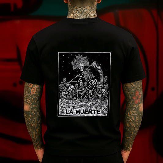 La Muerte T-Shirt – Day of the Dead Skeleton Reaper Graphic – Mexican Folk Art Skull Tee