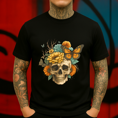 Skull & Sunflower T-Shirt – Gothic Nature Graphic with Monarch Butterflies and Floral Skull, Perfect for Boho, Witchy or Alternative Style.
