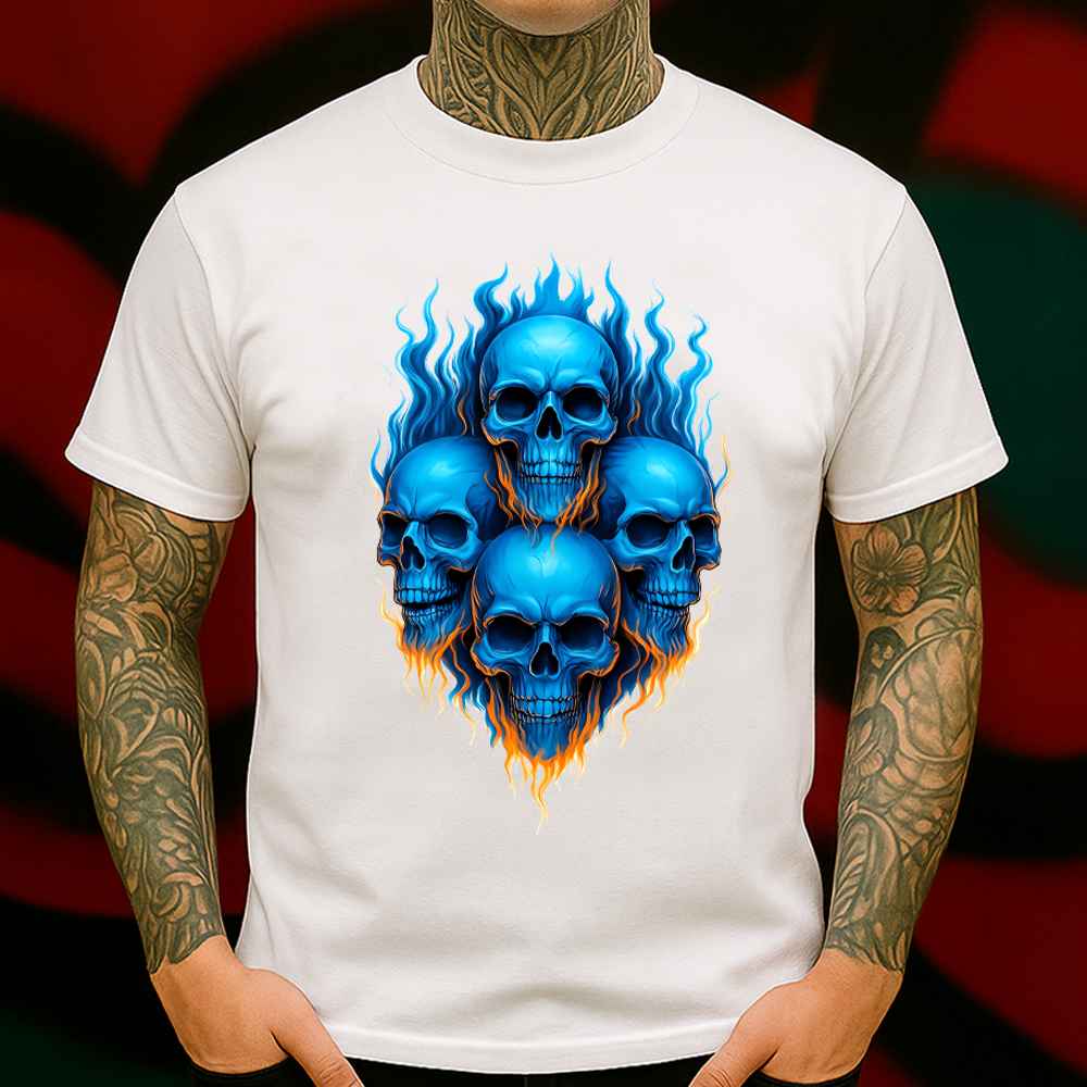 Blue Flaming Skull T-Shirt – Bold Fire Skull Graphic Tee for Biker & Streetwear Style