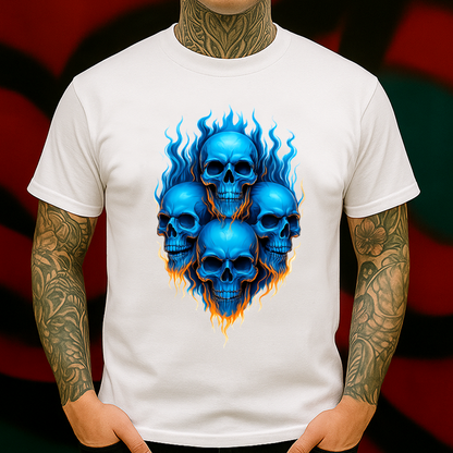 Blue Flaming Skull T-Shirt – Bold Fire Skull Graphic Tee for Biker & Streetwear Style