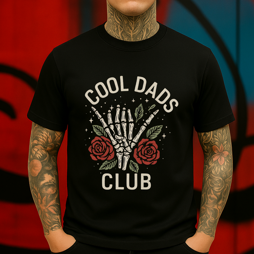 Cool Dads Club T-Shirt – Skeleton Hand with Roses Graphic Tee for Badass Dads Who Rock Fatherhood with Style.