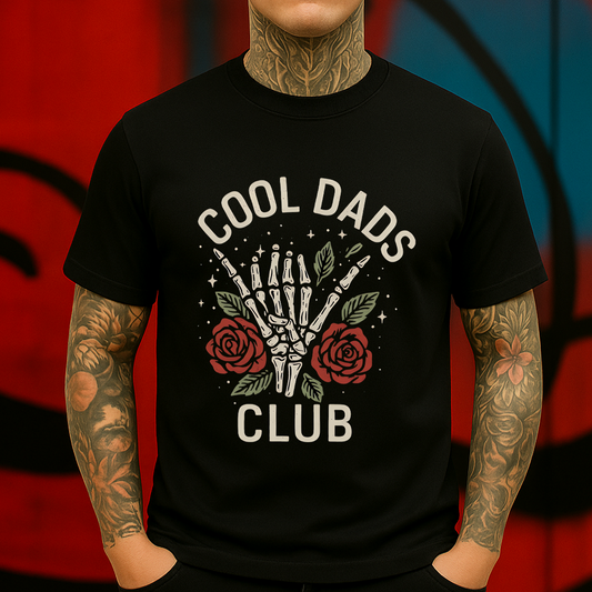 Cool Dads Club T-Shirt – Skeleton Hand with Roses Graphic Tee for Badass Dads Who Rock Fatherhood with Style.