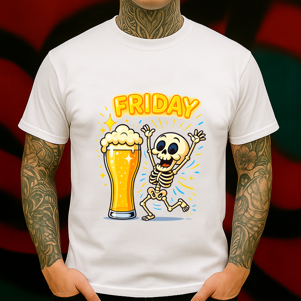 Friday Beer Skeleton T-Shirt – Funny Weekend Party Tee for Beer Lovers