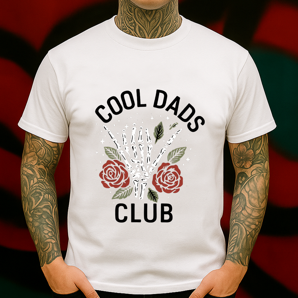 Cool Dads Club T-Shirt – Skeleton Hand with Roses Graphic Tee for Badass Dads Who Rock Fatherhood with Style.