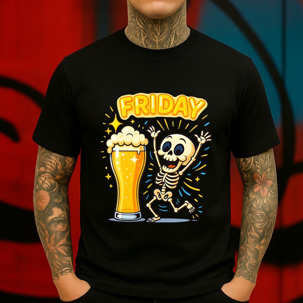 Friday Beer Skeleton T-Shirt – Funny Weekend Party Tee for Beer Lovers