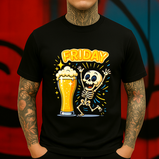 Friday Beer Skeleton T-Shirt – Funny Weekend Party Tee for Beer Lovers