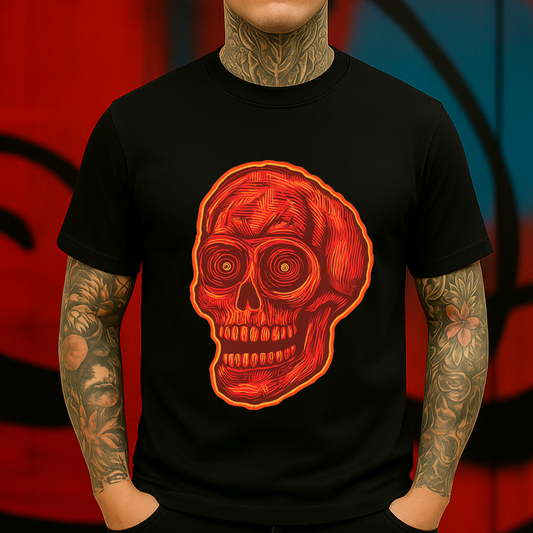 Trippy Red Skull T-Shirt – Psychedelic Woodcut-Style Graphic Tee for Streetwear & Art Lovers