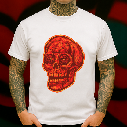Trippy Red Skull T-Shirt – Psychedelic Woodcut-Style Graphic Tee for Streetwear & Art Lovers