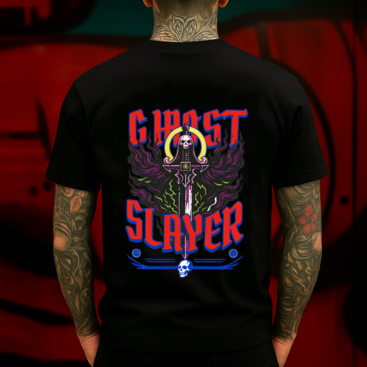 Ghost Slayer Graphic T-Shirt – A bold gothic streetwear tee featuring a flaming skull sword design, perfect for fans of dark fantasy and edgy style.