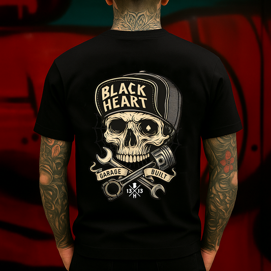 Black Heart Garage Built T-Shirt – Skull Mechanic Graphic Tee, Wrench & Piston Tattoo Style Shirt, Biker Greaser Car Culture Top