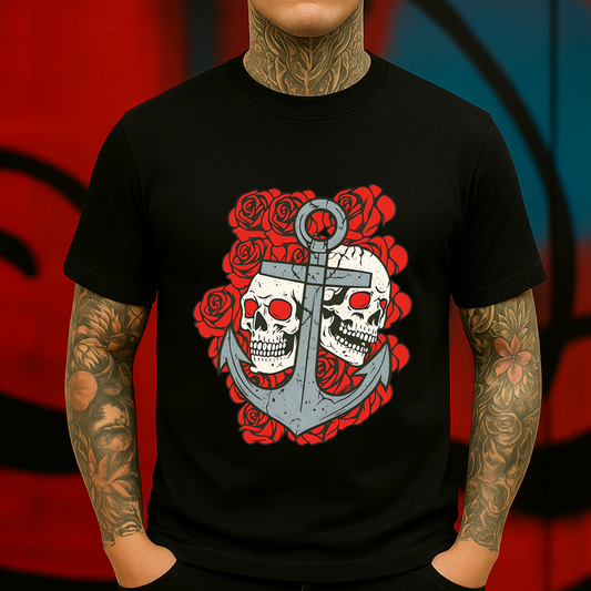 Anchor & Skulls T-Shirt – Bold Nautical Tattoo Style with Red Roses and Skeleton Heads, Perfect for Alternative Streetwear Lovers.