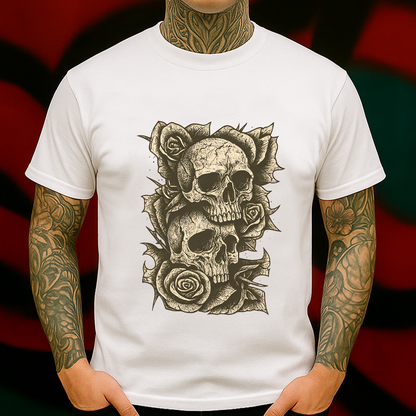 Skull and Rose T-Shirt – Gothic Double Skull Tattoo Style Tee for Dark Aesthetics