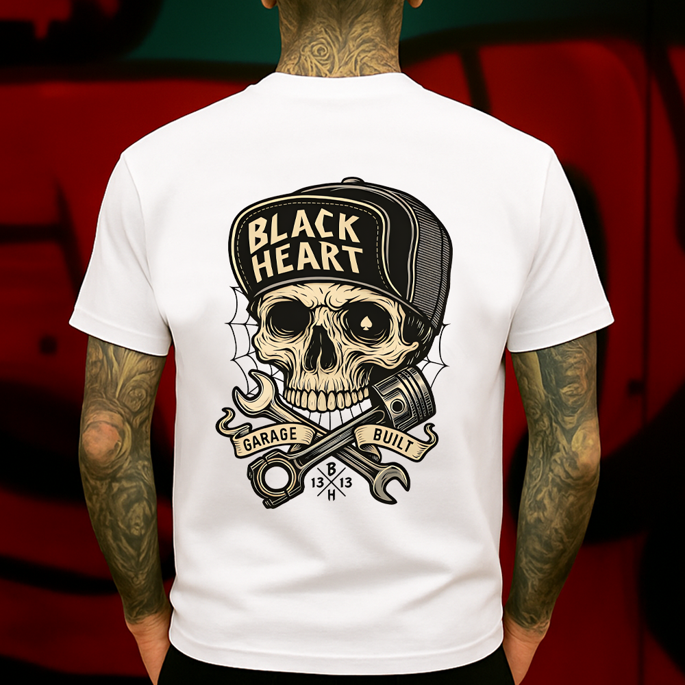 Black Heart Garage Built T-Shirt – Skull Mechanic Graphic Tee, Wrench & Piston Tattoo Style Shirt, Biker Greaser Car Culture Top
