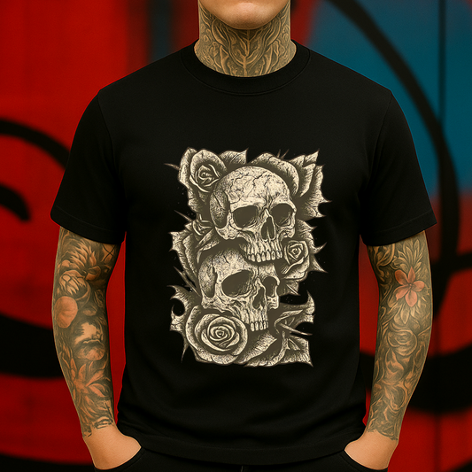 Skull and Rose T-Shirt – Gothic Double Skull Tattoo Style Tee for Dark Aesthetics