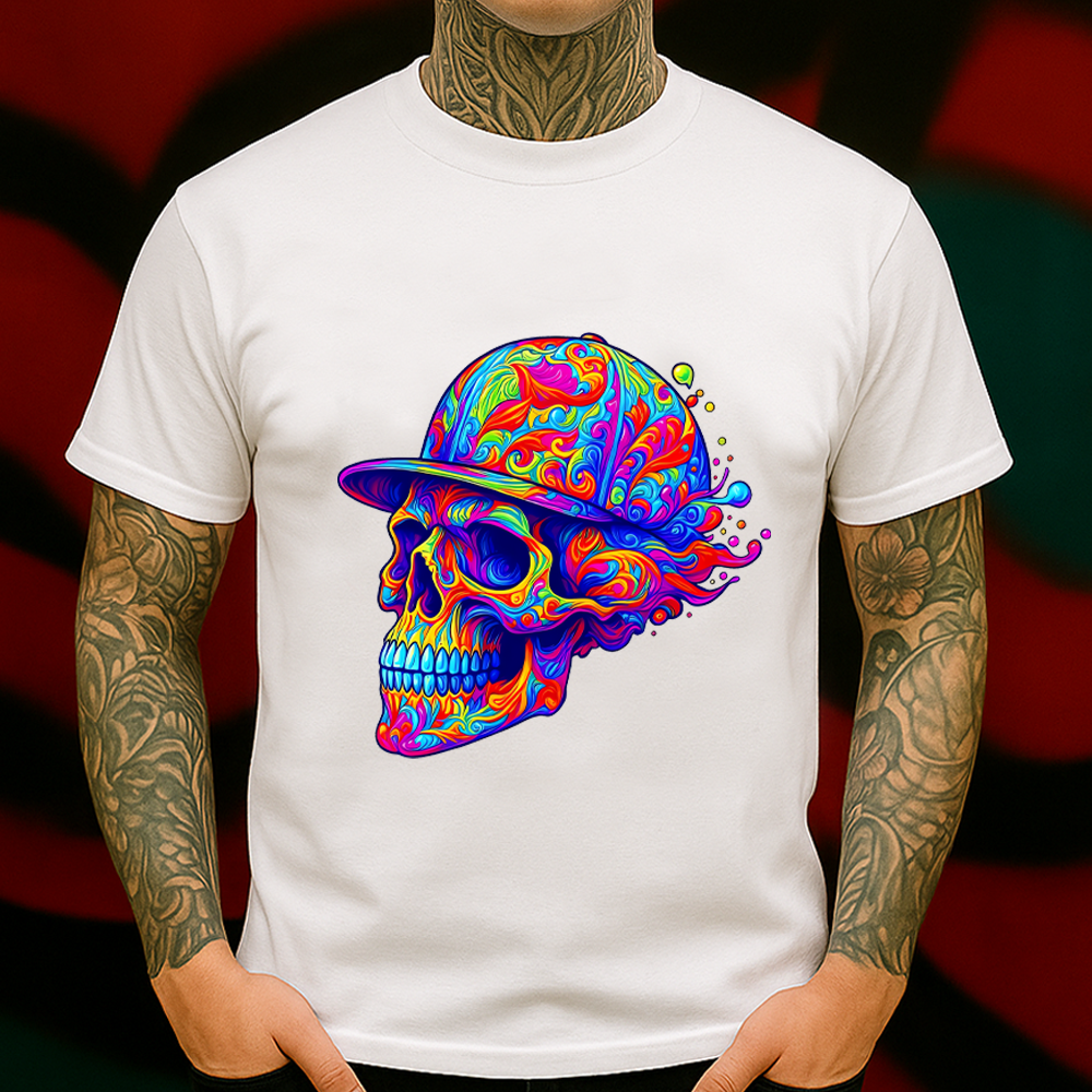 Psychedelic Skull Hat T-Shirt – Trippy Colorful Skeleton Graphic Tee, Neon Street Art Vibe, Festival Rave Acid Style Shirt