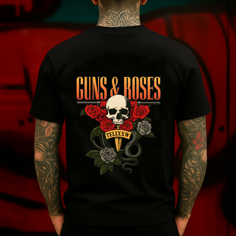 Guns & Roses Skull T-Shirt – Classic Rock-Inspired Tee with Roses, Skull & Knife Graphic, Perfect for Rock Fans and Vintage Style Lovers.