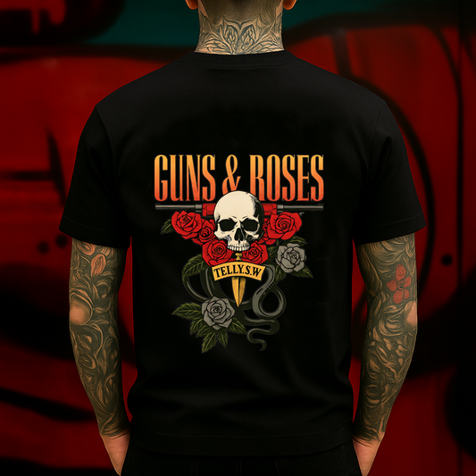 Guns & Roses Skull T-Shirt – Classic Rock-Inspired Tee with Roses, Skull & Knife Graphic, Perfect for Rock Fans and Vintage Style Lovers.