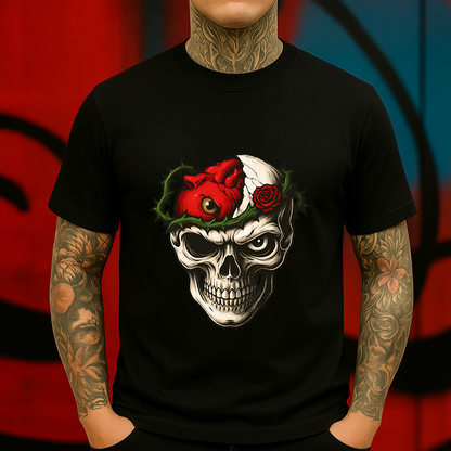 Skull and Heart T-Shirt – Gothic Brain-Open Graphic Tee with Rose and Thorns