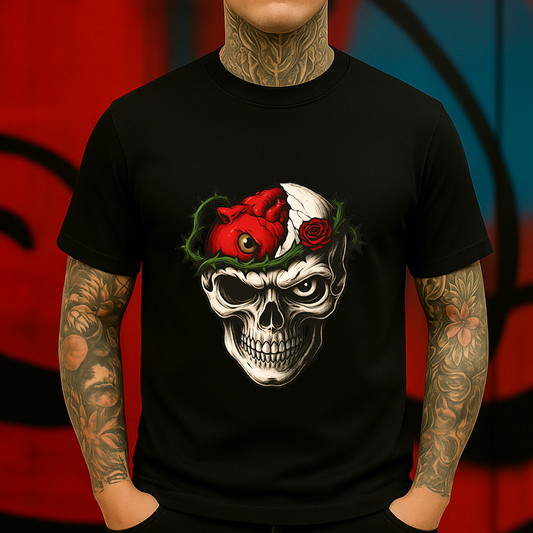 Skull and Heart T-Shirt – Gothic Brain-Open Graphic Tee with Rose and Thorns