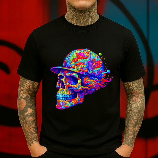 Psychedelic Skull Hat T-Shirt – Trippy Colorful Skeleton Graphic Tee, Neon Street Art Vibe, Festival Rave Acid Style Shirt